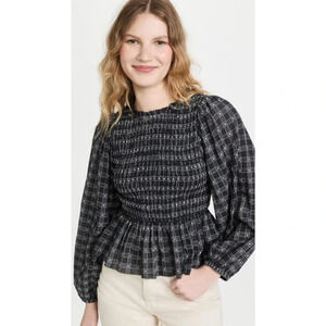 NWOT $350 THE GREAT. Contessa Smocked Plaid Top - Ruffle Balloon Sleeves Peplum